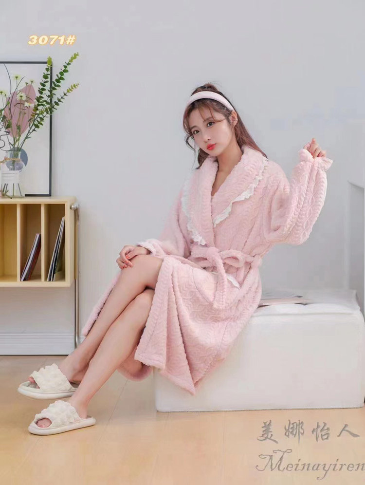 MINA PLEASANT CORAL VELVET NIGHTGOWN WOMENS WINTER LONG PAJAMAS TWO-PIECE SET INTERNET CELEBRITY BATHROBE SWEET AND THICK HOME CLOTHES