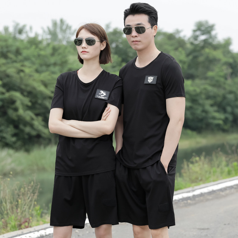 黑色圆领天丝短袖T恤训练服套装男棉户外军迷透气快干体能汗衫夏