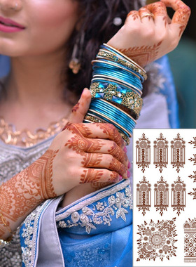 2025欧美中东海娜纹身贴砖红色花卉手背印度防水蕾丝派对脸贴纸