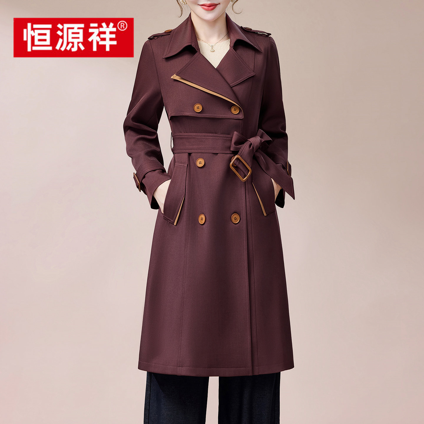 恒源祥风衣女中长款气质外套中老风衣