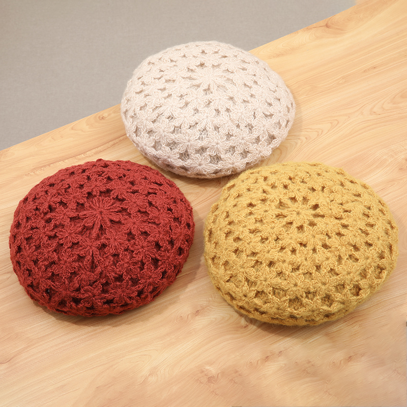 日系小众复古蕾丝镂空花朵贝雷帽女秋冬甜美针织毛线八角蓓蕾帽子