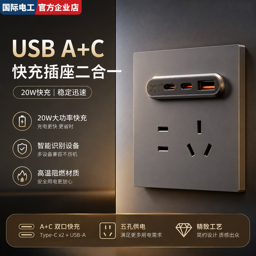 国际电工20W快充Type-C插座