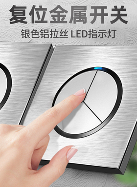 国际电工五孔插座面板开关暗装墙上固定家用86型银色金属带led灯