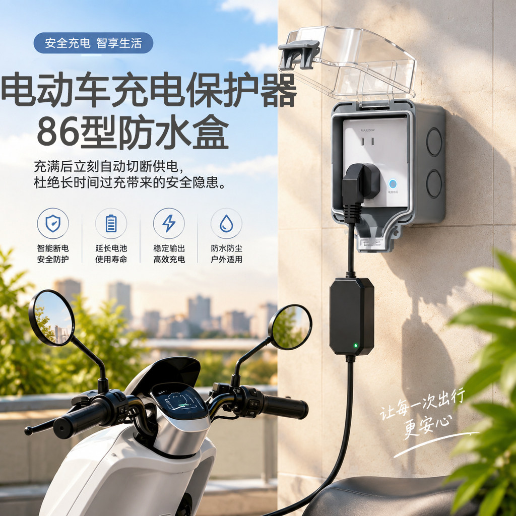 室外电动自行车充电桩插座86型带一键启动断电防水盒IP66防暴雨罩