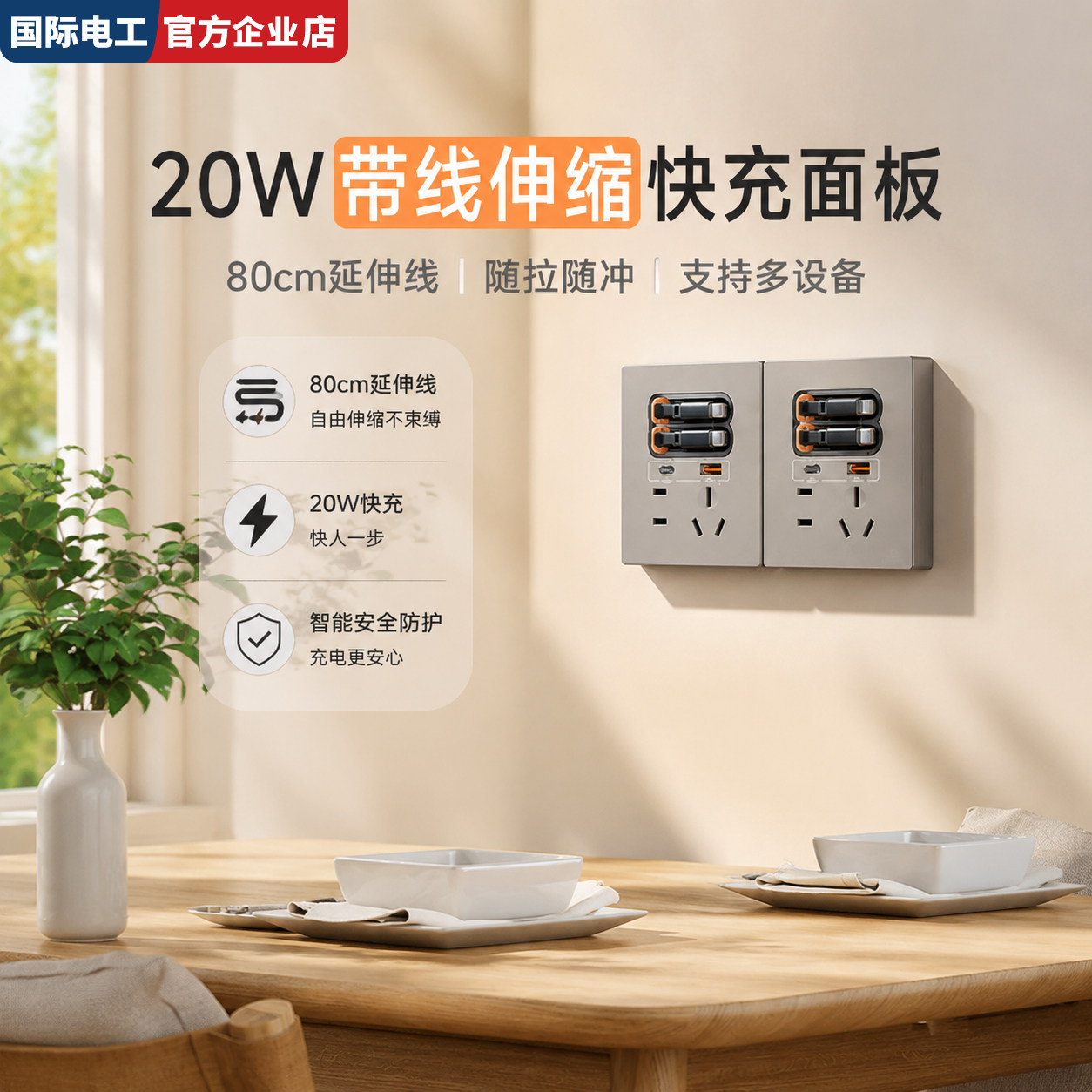 国际电工20W快充USB插座带数据线80cm超长伸缩智能分流多设备兼容