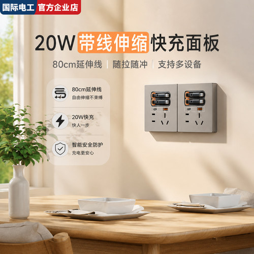 国际电工20W快充插座80cm伸缩