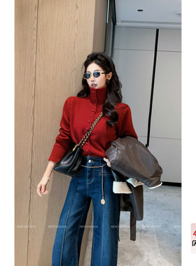 利达NEW DADADA【灵媚甜趣】圣诞红色毛衣女高领套头显瘦针织上衣