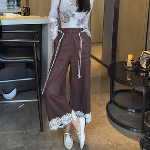 利達NEWDADAD苧麻褲 休閑松弛感直筒褲 拼蕾絲遛彎褲 子 女亞麻闊腿褲