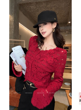 利达 NEW DADADA【活泼俏丽】红色圣诞毛衣女绣花镂空针织衫女