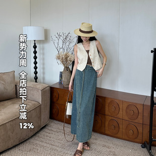 利达NEWDADA复古一片式 绑带牛仔半身裙女春高腰显瘦开叉裙子新款