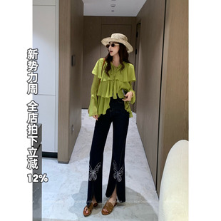 NEW 女高腰开叉微喇长裤 DADADA 烫钻蝴蝶牛仔裤 闪钻蝴蝶 利达