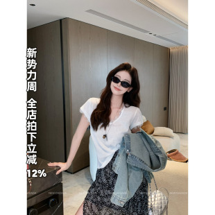 v领蕾丝 DADADA 夏季 蕾丝短袖 别致上衣 利达 t恤女2026新款 NEW