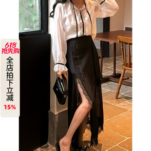 利达 NEW DADADA【清妍绝尘】蕾丝开叉半身裙女高腰显瘦长款a字裙
