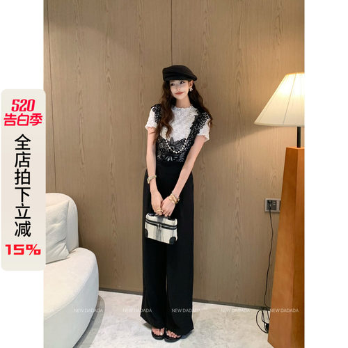 蕾丝拼接百搭背带裤女收腰直筒裤