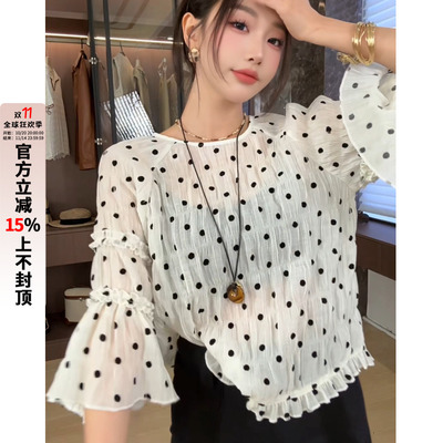 利达 NEW DADADA波点喇叭袖花边衬衫女时尚休闲修身气质短款上衣