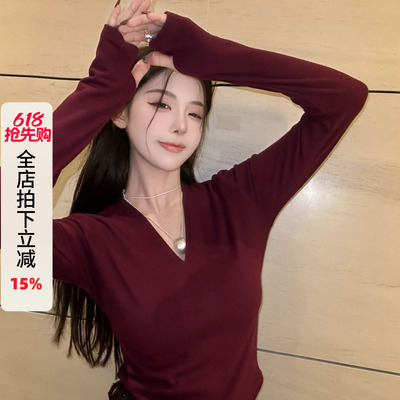 利达NEWDADA打底衫女V领秋冬加绒长袖t恤正肩纯欲内搭上衣TDK2767