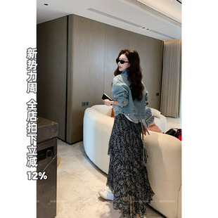 法式 利达 墨花开衩千层裙 DADADA 复古碎花半身裙女a字长裙 NEW