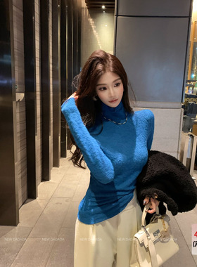 利达 NEW DADADA【波澜不惊】复古蓝色高领套头修身针织衫女上衣