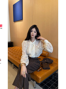 利达 NEW DADADA【清韵浮白】白色镂空长袖开衫修身气质雪纺衫女