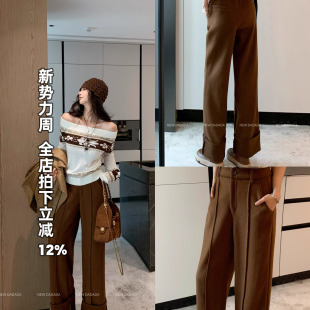 NEW 女高腰显瘦阔腿裤 DADADA 复古卡其色毛呢休闲裤 风栖 利达