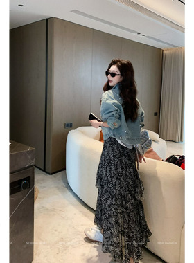 利达 NEW DADADA【墨花开衩千层裙】法式复古碎花半身裙女a字长裙