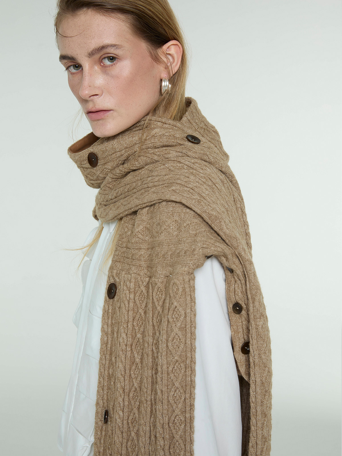 Knitted Button Shawl Scarf: Dual-Use Khaki Designer Wrap - Product image 4