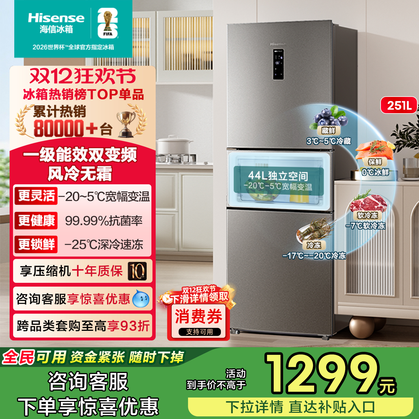 热卖8万+海信251一级节能冰箱