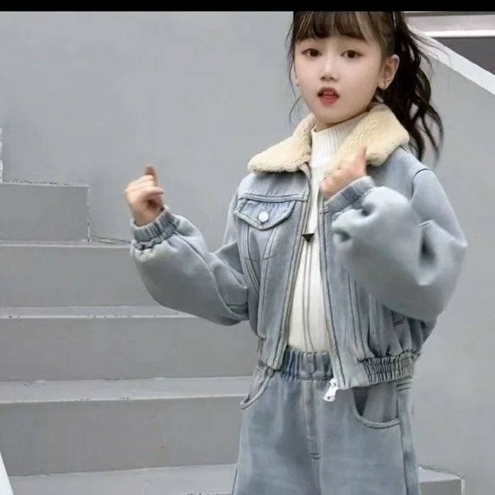 女童秋冬牛仔套装2026新款慵懒洋气加绒加厚外套阔腿裤牛仔两件套
