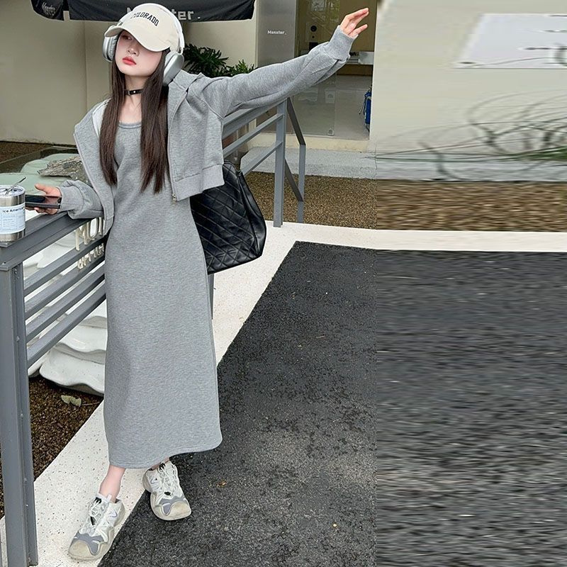 女童2026春秋短款运动卫衣帽衫外套百搭套装长款吊带连衣裙套装图片