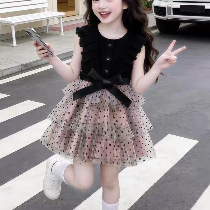 女童2026波点网沙蓬蓬裙A字裙、连衣裙夏装无袖蝴蝶结公主裙洋气