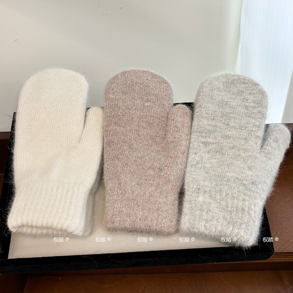 2025冬新款仿兔毛手套女韩版纯色学生连指全指保暖加绒加厚手套