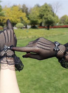 渔网蕾丝手套女士薄款网眼花边手套新娘复古跳舞表演礼仪黑色白色