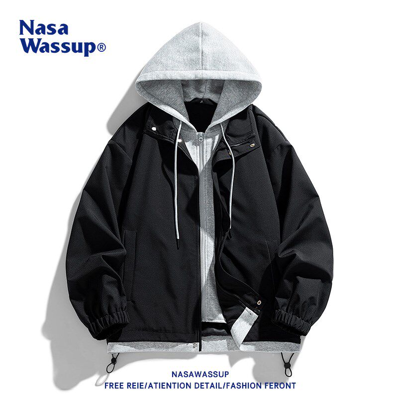 nasawassup联名潮牌美式假两件外套男春秋宽松百搭连帽夹克青少年