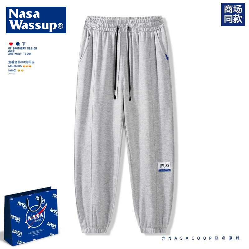 加绒青少年男同款束脚秋冬款白色宽松个性卫裤春秋季直筒抽绳裤