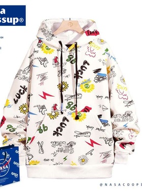 NASA涂鸦秋冬ins连帽衫复古外套时尚印花长袖卫衣加绒青少年男