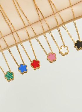 新款不锈钢五叶草带钻项链小众花朵四叶草锁骨链时尚潮流饰品