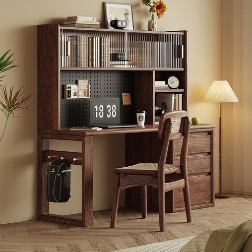 黑胡桃木实木办公桌电脑书桌书架一体桌办公室卧室家用桌子写字台