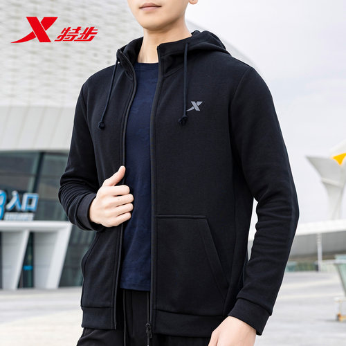 特步男装连帽外套2026秋季新款休闲运动服男士防风针织上衣卫衣男