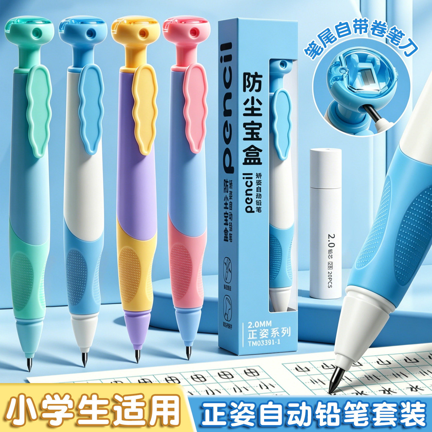 2.0mm自动铅笔正姿小学生用粗芯不易断芯自动铅笔自带卷笔刀的自动笔儿童一二年级初学者端正握姿粗杆胖胖铅图片