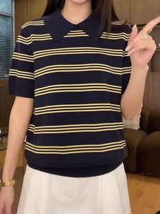 Basic House/百家好学院风条纹短袖T恤女夏季薄款针织POLO衫上衣