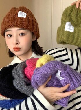 百搭款秋冬粗麻花毛线帽子女糖果色针织帽复古宽松保暖潮冷帽新品