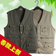 Mùa xuân và mùa hè trung niên áo vest nam cha tải nhiều túi cotton áo vest nhiều túi chụp ảnh ngoài trời - Áo vest cotton