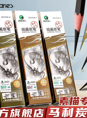 马利炭笔美术生专用软碳笔素描特软中硬速写工具柳木白炭铅笔碳素哑光16b套装14b绘画12彩色专业联考玛丽用品