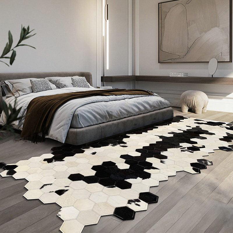 轻奢高级黑白长条牛皮拼接地毯卧室北欧现代房间地垫床前毯床边毯,居家布艺,地毯,淘宝优惠券,粉丝福利购,淘宝优惠卷