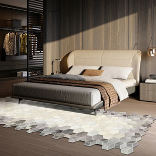 轻奢高级灰色长条牛皮拼接地毯卧室北欧现代房间地垫床前毯床边毯