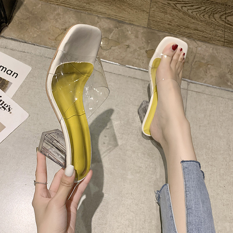 港风新款夏透明水晶凉拖鞋女士细跟外F穿一字拖高跟鞋子ins潮百搭