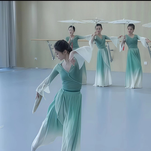 雨涧春行图舞蹈服装 女飘逸纱衣练功服古风莲鼓越歌行演出服渐变仙