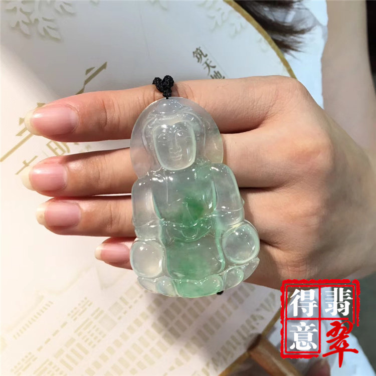 得意翡翠天然冰种飘绿翡翠观音吊坠挂件高冰色美起光保真A货带证