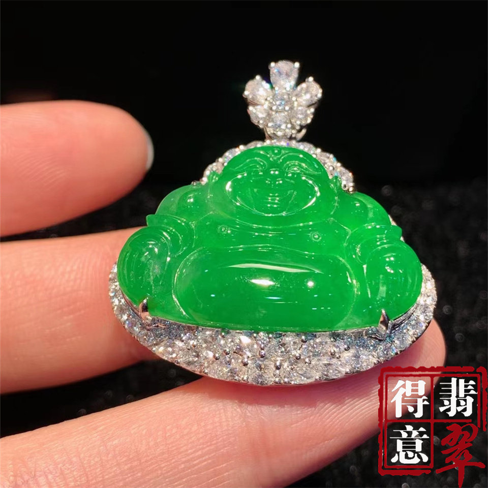 得意珠宝 天然冰种满绿翡翠佛公吊坠挂件高冰色绿均匀白金镶钻