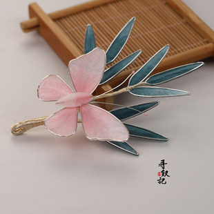 粉色竹叶蝴蝶发饰 手工非遗蚕丝掐丝绒花软簪中式 原创 竹间粉蝶